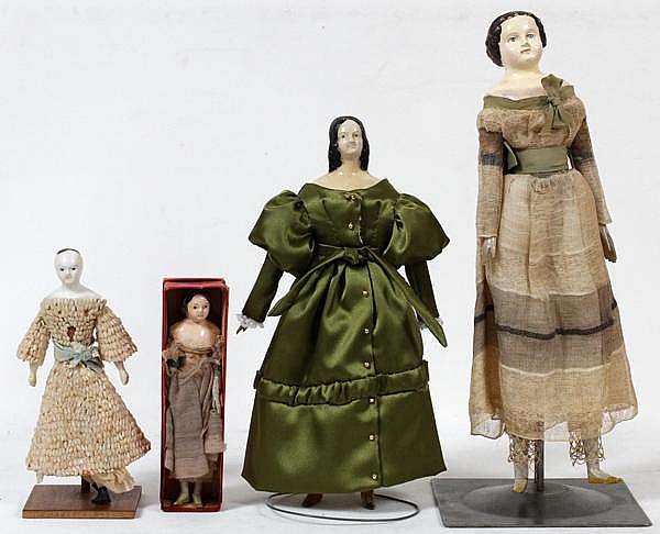 GERMAN & OTHER PAPIER MACHE DOLLS, MID-LATE 19TH C., FOUR, H 6"-13" sold by DuMouchelles, lot 41268 — auction record photograph