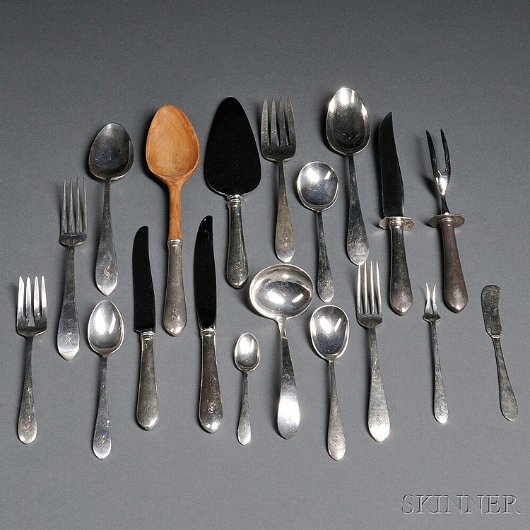 Gorham Old Colony, New Pattern Sterling Silver Flatware Service, Providence, Rhode Island, 20th century, monogrammed, seventeen butter sold by Skinner, lot 337 — auction record photograph