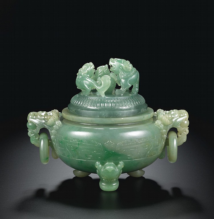An  Impressive  Jadeite  Tripod  Censer  and  Coverlate  Qing  Dynasty comparable sale
