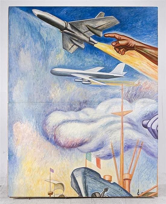 Raúl Anguiano, "La evolución de Comercio y los Transportes en México", Firmado 1956. Óleo/ masonite, 482 x 380 cm, Vo.Bo. Marina y Pabl comparable sale