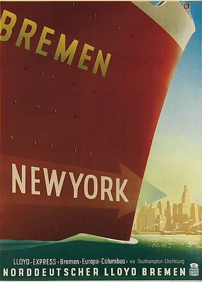 Fritz Kück comparable auction result: fritz k ck 1893 1974 bremen new york norddeutscher lloyd bremen circa 1935 46x33 inches 118x85 cm germany