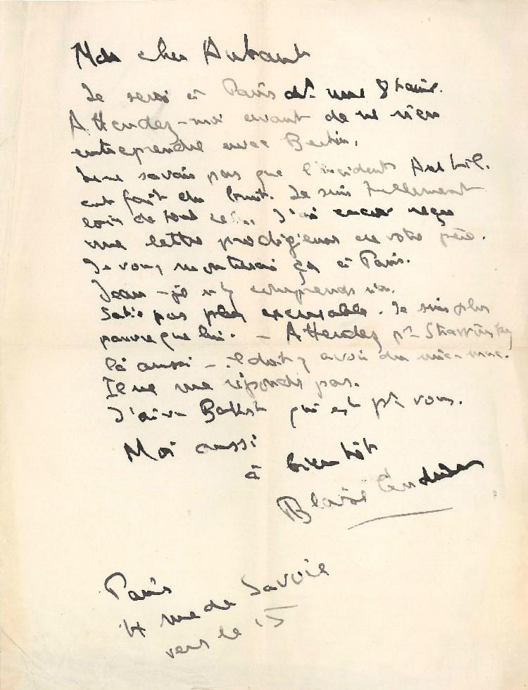 blaise cendrars 1887 1961 17 l a s 1918 claude autant lara 20 pages in 4 ou in 8 3 en t te des ditions de la sir ne une adresse petites fentes qqs lettres · Alde · 2013-05-30 Blaise Cendrars comparable auction result: blaise cendrars 1887 1961 17 l a s 1918 claude autant lara 20 pages in 4 ou in 8 3 en t te des ditions de la sir ne une adresse petites fentes qqs lettres