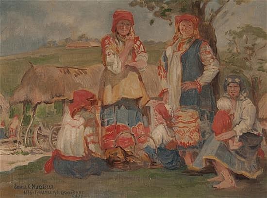 Elena Luksch-Makowsky comparable auction result: elena luksch makowsky russian 1878 1967 village women tolska russia oil on canvas 14 3 4 x 19 1 2 in framed