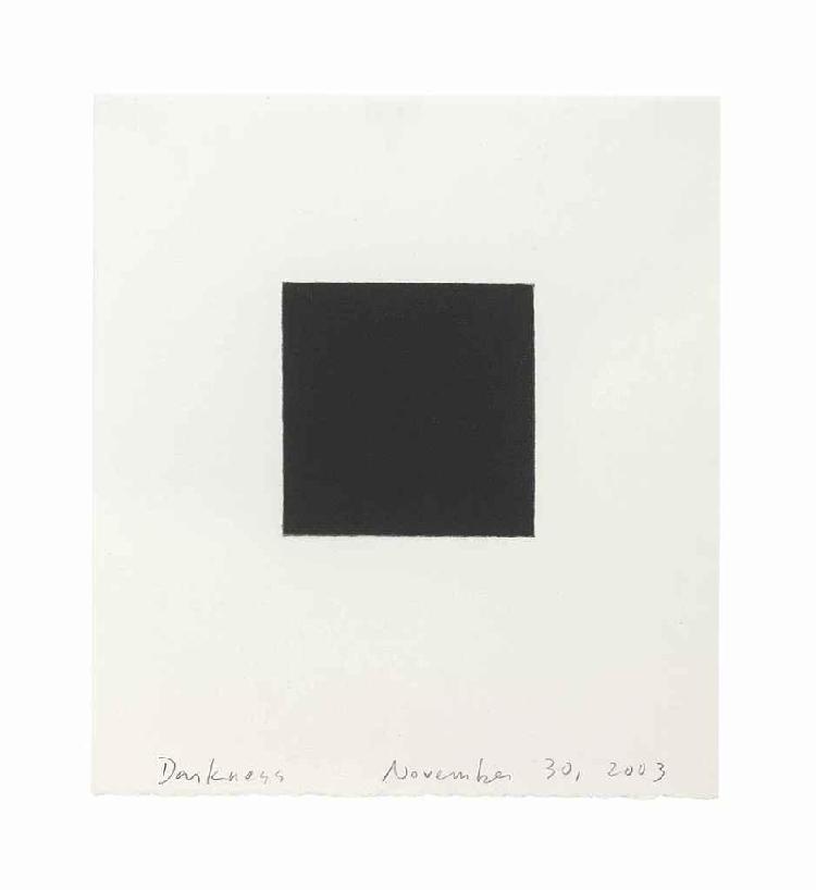 Small square black painting or print on an off-white background with handwritten text beneath.