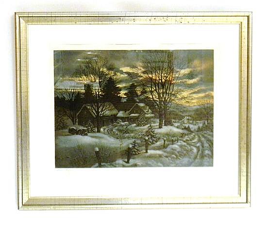 Kathleen Cantin comparable auction result: kathleen cantin american 20th c winter light 1989 artist s proof etching depicting farm house barn and tractor covered in