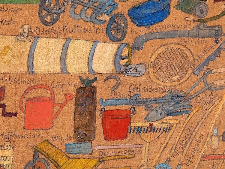 Watercolour "Agricultural Tools and Vessels" by Max Raffler sold by Auctionata Paddle8 AG, lot 54 — auction record photograph