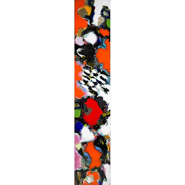 Vertical abstract enamel-like artwork with layered black, blue, green, pink, and orange shapes on a bright orange background.