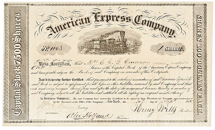 Henry Wells comparable auction result: 1854 henry wells and william fargo signed american express co stock certificate