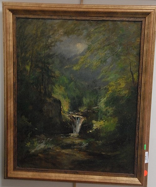 Roswell Morse Shurtleff (1838-1915) FOREST WATERFALL oil on canvas signed lower right barely visible Shurtleff 20" x 16" sold by Nadeau's Auction Gallery, lot 523 — auction record photograph