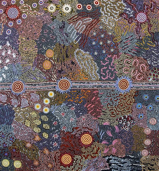 Colorful Aboriginal-style dot painting with concentric circles, wavy lines, and star-like marks over a landscape-like background.