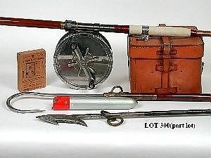 An exceptionally fine and rare 1930's Hardy's Tunny fishing outfit contained in two purpose built zinc lined pine cases and comprising; A Fortuna 9" Monel metal big game centre pin reel, twin reverse tapered ebonite handles on shaped crossbar and sold by Angling Auctions, lot 300 — auction record photograph