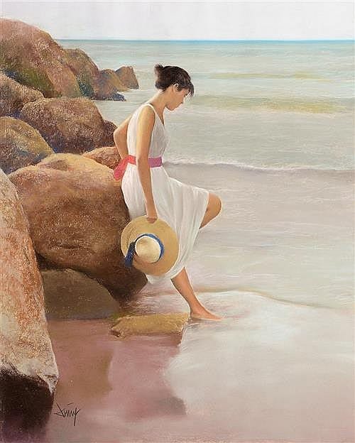 Domingo Alvarez Gomez comparable auction result: domingo alvarez gomez 20th 21st century spanish girl at water edge
