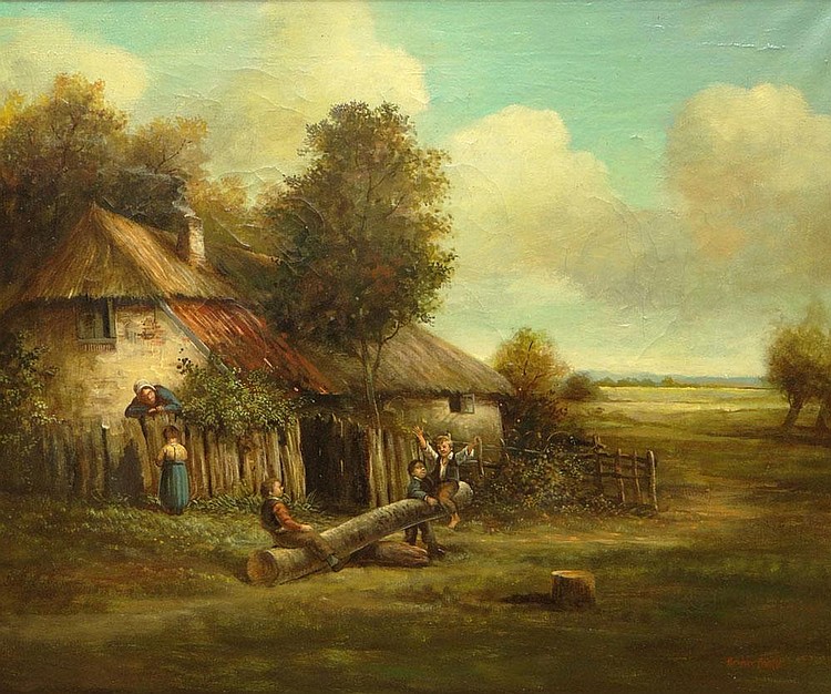 Auction comp thumbnail for Brian Coole British (1939-) Oil on Canvas Painting. "Children Playing" on a Teeter Totter by a Country Cottage. Signed Lower Right. Some Crazing, Two (2) Supportive Patches en Verso Otherwise in Good Condition. Measures 20 Inches Tall by 24 Inches (Kodner Galleries, Lot 116)