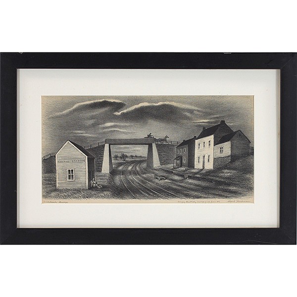Albert William Heckman comparable auction result: albert william heckman american 1893 1971 overhead bridge 1939 lithograph 7 25 x 14 75 signed and inscribed in pencil lower right titled in pencil lower left framed