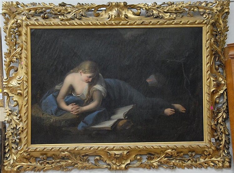 Attributed to Giuseppe Mazzolini (1806-1876) WOMAN READING BOOK RESTING AGAINST SKULL oil on canvas unsigned inscribed o... sold by Nadeau's Auction Gallery, lot 278 — auction record photograph
