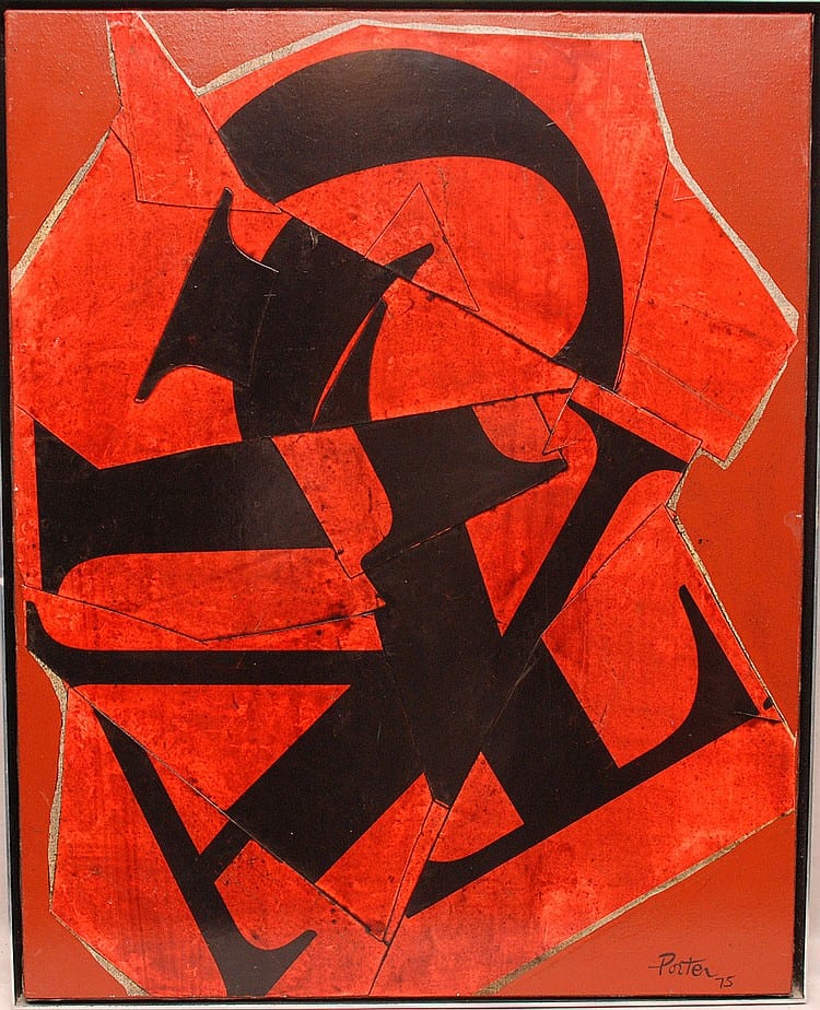 David Porter (American 1912 - 2005) Collage/Painting "Dancing Man" painting size approx. 30" x 24" Original receipt $2500 in 1975 also comes w/ old appraisals, 2005 appraised for $5,000 sold by Bill Hood & Sons Arts & Antiques Auctions, lot 51 — auction record photograph