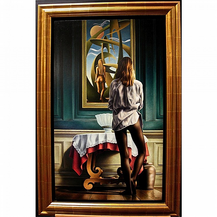 Paul Kelley comparable auction result: paul kelley canadian 1955 through the looking glass oil on panel signed lower right emmet s custom framing ltd 30 x 18 76 2 x 45 7 cm