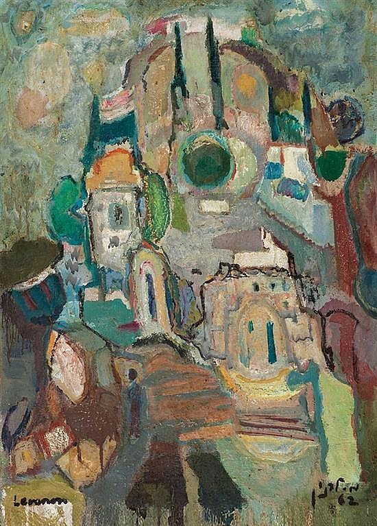 Mordechai Levanon 1901-1968 (Israeli) Safed, 1962 oil on canvas sold by Matsart Auctioneers & Appraisers, lot 42 — auction record photograph