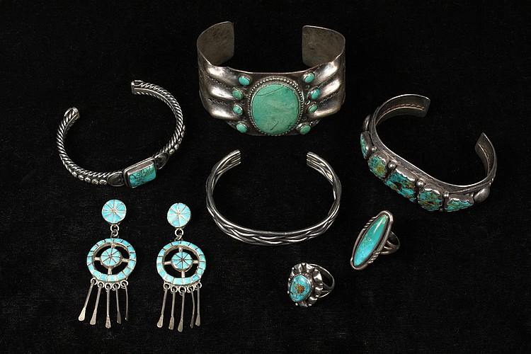 Auction comp thumbnail for NATIVE AMERICAN JEWELRY - (7) Piece Collection of Native American Silver and Turquoise Jewelry, including (4) cuff bracelets, (2) rings (Thomaston Place Auction Galleries, Lot 901)