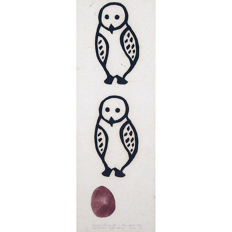 Iyola Kingwatsiak comparable auction result: iyola kingwatsiak 1933 2000 snowy owls and egg stonecut unframed 18 x 6 45 7 x 15 2 cm