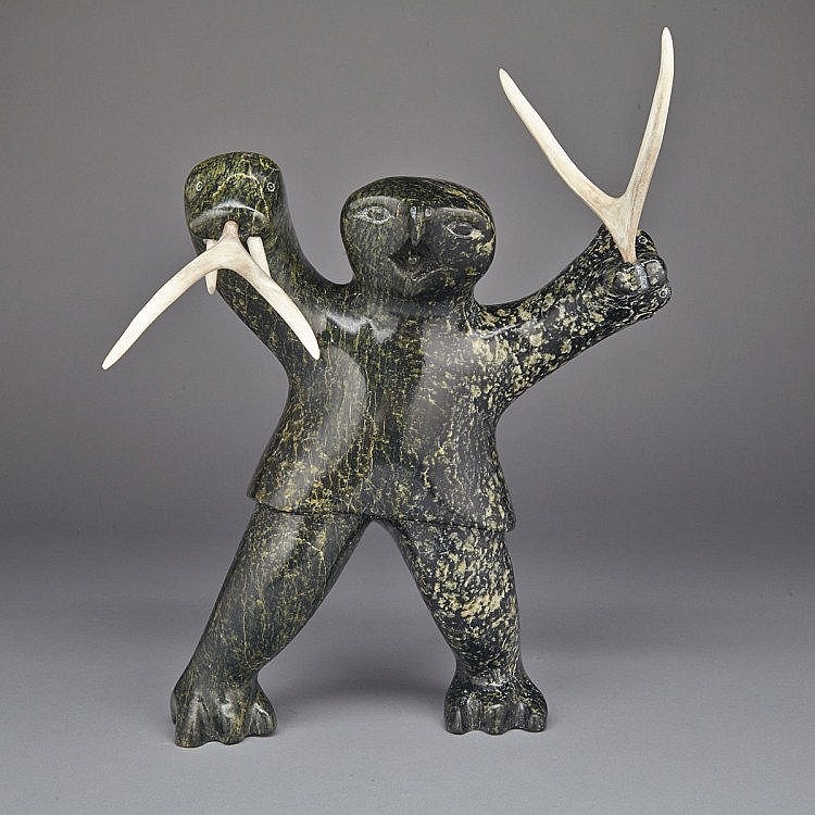 Elijah Michael comparable auction result: elijah michael 1929 2008 bird shaman with bear and walrus helpers stone antler 12 x 10 x 4 5 30 5 x 25 4 x 11 4 cm