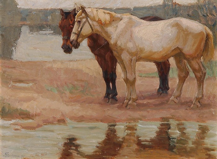 Franz Elmiger comparable auction result: schimmel und brauner am weiher
