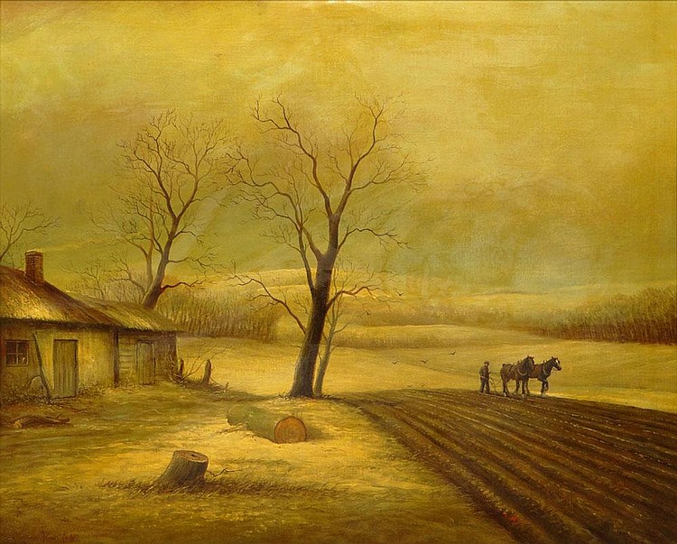 Auction comp thumbnail for Brian Coole British (1939-) Oil on Canvas Painting. "Country Scene" of a Cottage and a Horse Plowing a Field. Signed Lower Right. Very Good Condition. Measures 25 Inches Tall by 30 Inches Wide. Frame Measures 29 Inches Tall by 34 Inches Wide. (Kodner Galleries, Lot 212)