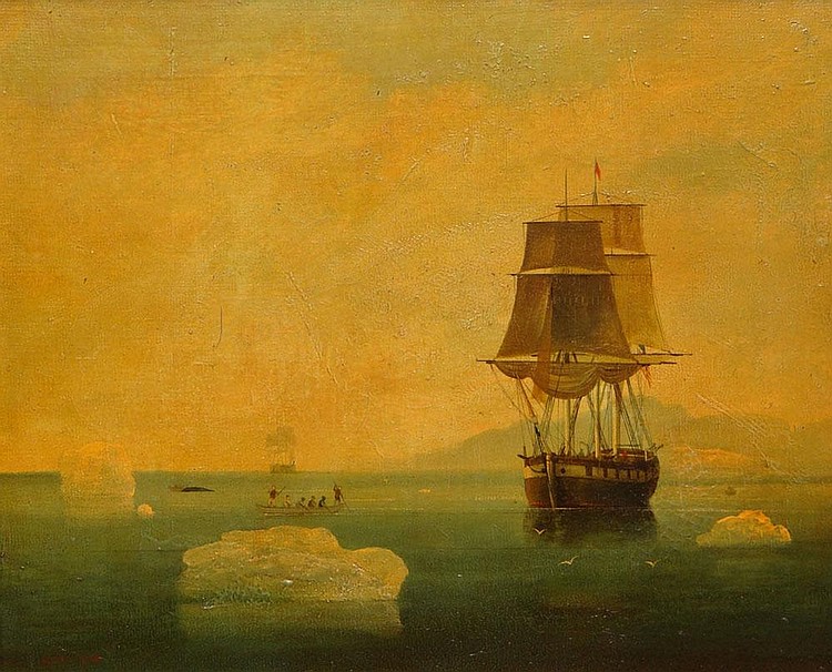 Auction comp thumbnail for Brian Coole British (1939-) Oil on Canvas Painting. "Coastal Scene" of a Whaling Ship Flying an American Flag and a Small Boat with Six (6) Fisherman with Harpoons and a Sailing Ship in the Distance, Set Amongst Icebergs. Signed Lower Left. Varnish (Kodner Galleries, Lot 213)