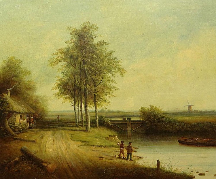Auction comp thumbnail for Brian Coole British (1939-) Oil on Canvas Painting. "Children Fishing" by a River with a Country Cottage and a Windmill in the Distance. Signed Lower Left. Some Yellow Tint to the Varnish Otherwise in Good Condition. Measures 25 Inches Tall by 30 (Kodner Galleries, Lot 214)