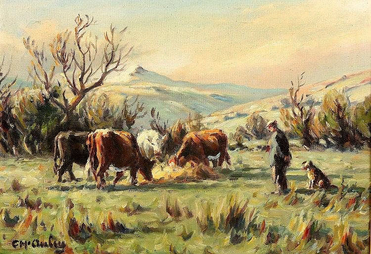 Charles J McAuley comparable auction result: a fine early oil on canvas foddering the cows
