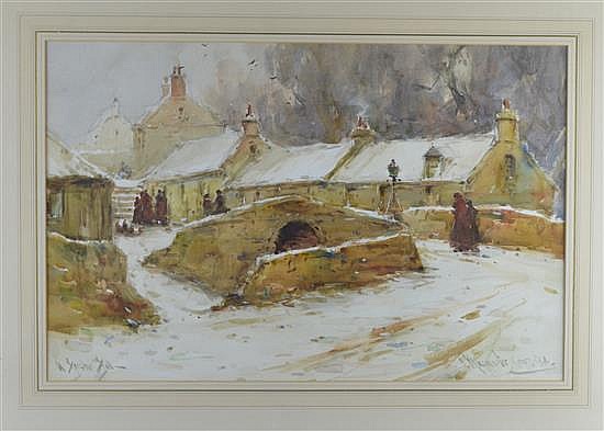 James MacMaster comparable auction result: james macmaster winter village scene with a bridge signed watercolour