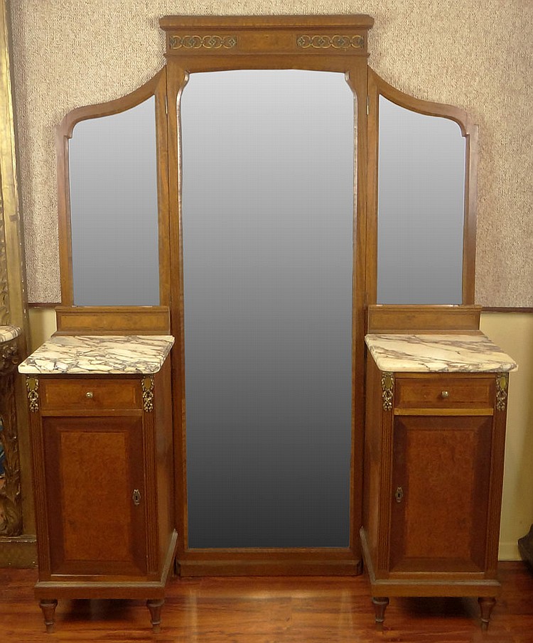 Antique circa 1900 Belgian Louis XVI-style Wood, Inlaid, Bronze Mounted and Marble Top Mirrored Vanity en suite with the previous lot. This Piece Consists of 2 Dressers, 33 Inches Tall, 15-1/4 Inches Wide, 16 Inches Deep with side Mirrors, 35 Inches sold by Kodner Galleries, lot 202 — auction record photograph