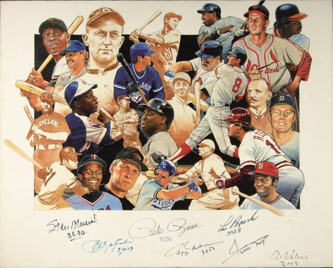 3,000 Hit Club autographed original artwork by Craig Pursley. Outstanding collage artwork depicts the most prolific hitters of All-Time. Signing within the lower front portion are (8) incl. Musial, Yastrzemski, Rose, Carew, Brock, Mays, Aaron, and sold by Hunt Auctions, lot 19 — auction record photograph