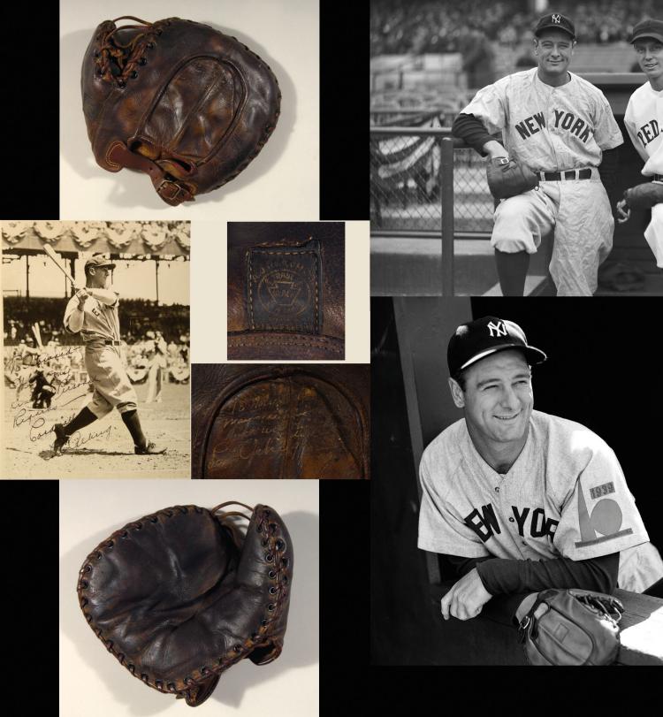 Significant Lou Gehrig autographed and inscribed baseman?s mitt c.1935. Shortly after discovering he had been diagnosed with a terminal illness, amyotrophic lateral sclerosis, Lou Gehrig removed himself from the Yankees lineup on May 2, 1939. On sold by Hunt Auctions, lot 89 — auction record photograph
