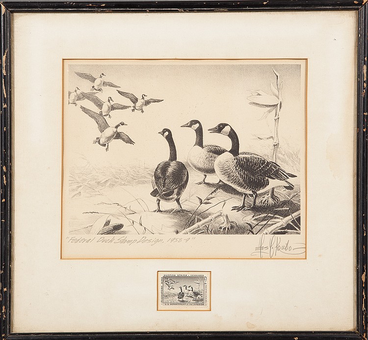 Eight Federal Duck Stamp Prints and Stamps sold by Copley Fine Art Auctions, lot 548 — auction record photograph