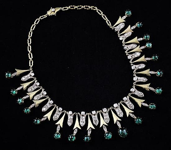 A mid 20th century Victorian style gold, old cut diamond and cabochon emerald drop fringe necklace, 15in. sold by Gorringes, lot 1420 — auction record photograph