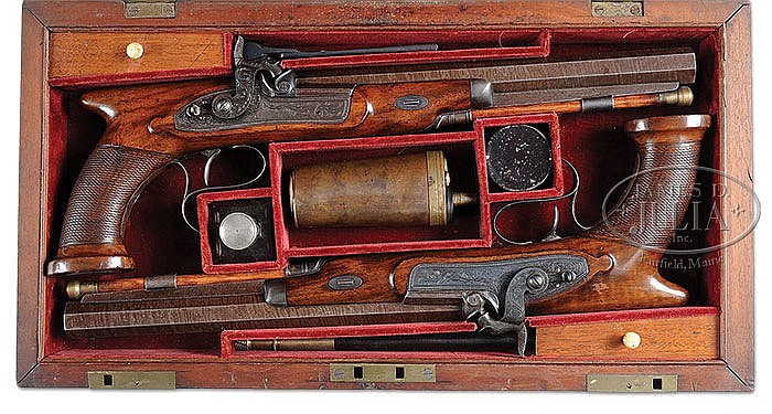 CASED PAIR OF CONSTABLE PHILADELPHIA "SAW-HANDLE" DUELING PISTOLS. sold by James D. Julia, lot 3415 — auction record photograph