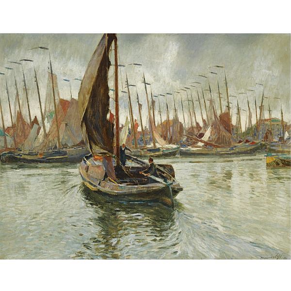 Oil painting showing sailboats in a harbor with a large sailboat in the foreground and many masts in the background.