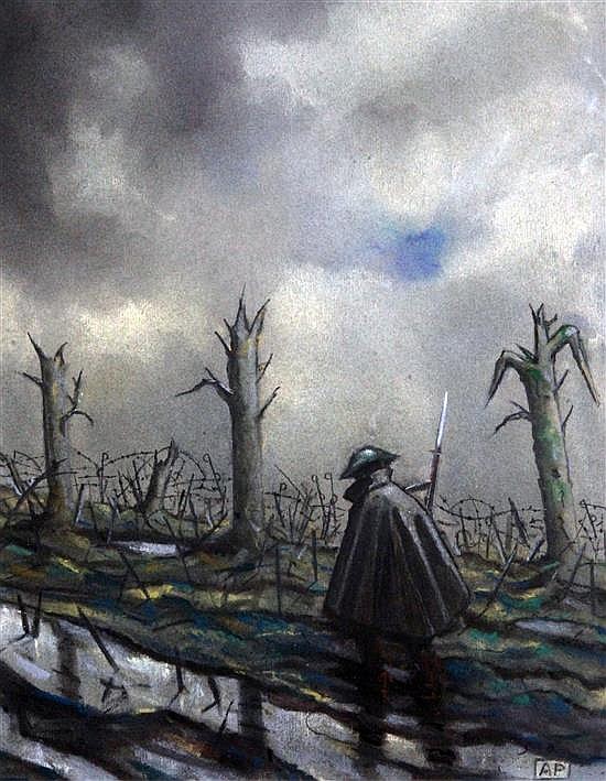 Alfred Field Palmer comparable auction result: alfred palmer 1877 1951 ww1 soldier passing a battlefield 10 x 8in