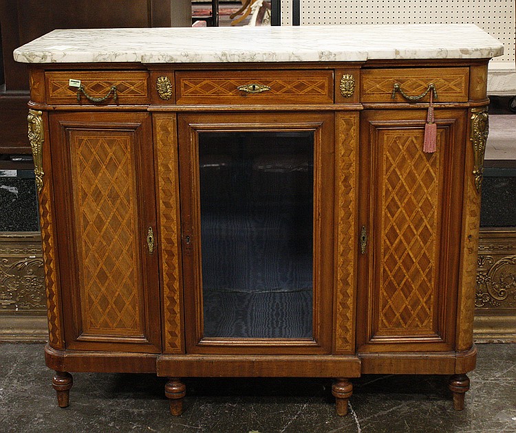 BUFFET - Antique Louis XVI style walnut sideboard with white marble top, three upper drawers over three door storage and marquetry i... sold by Pacific Galleries, lot 185 — auction record photograph