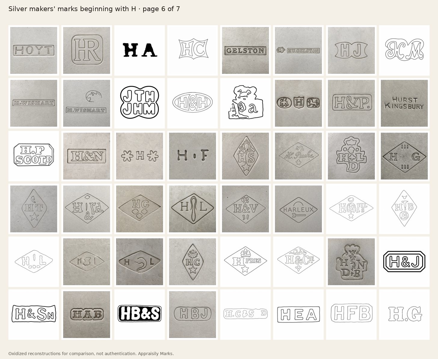 Sheet of oxidized silver makers’ marks beginning with H, page 6. Reconstructions for comparison, not authentication.