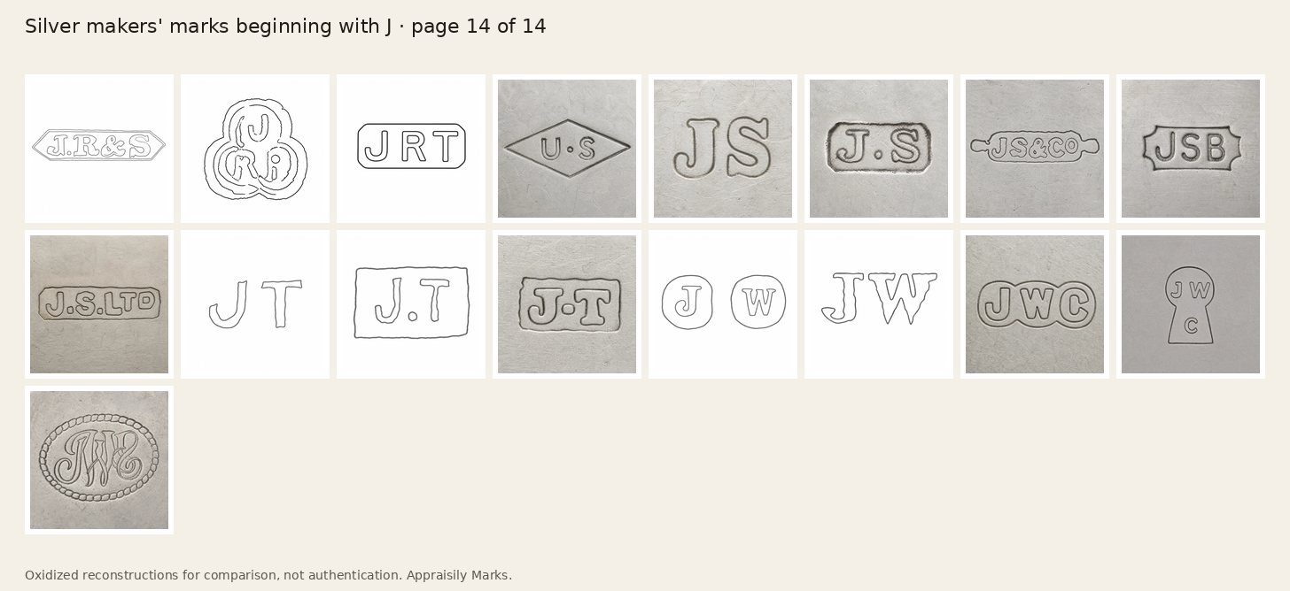 Sheet of oxidized silver makers’ marks beginning with J, page 14. Reconstructions for comparison, not authentication.