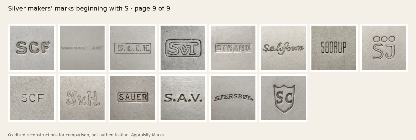Sheet of oxidized silver makers’ marks beginning with S, page 9. Reconstructions for comparison, not authentication.