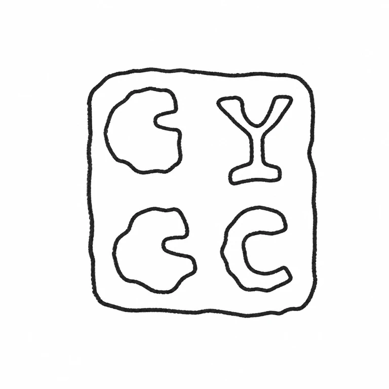 George Yeats & George Cohen: The drawing retains the single square cartouche and the four visible glyph forms in the same two-by-two arrangement. line reconstruction.