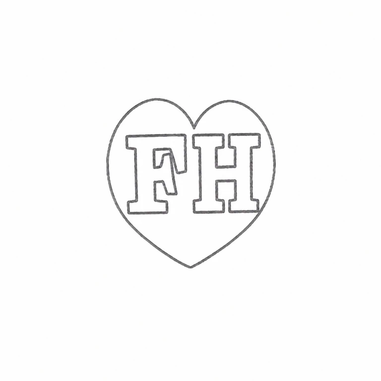 Francis Higgins II: The upright heart-shaped cartouche, including the cleft and pointed lower tip, is preserved. Its two large adjoining capital forms retain their original left-to-right arrangement and internal open areas, with no added symbols. line reconstruction.