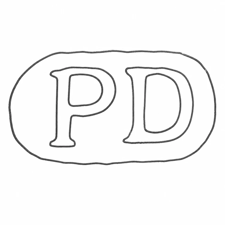 Pamela Dickinson: P D appears left-to-right oval/rounded punch; no additional symbols are introduced; line reconstruction.