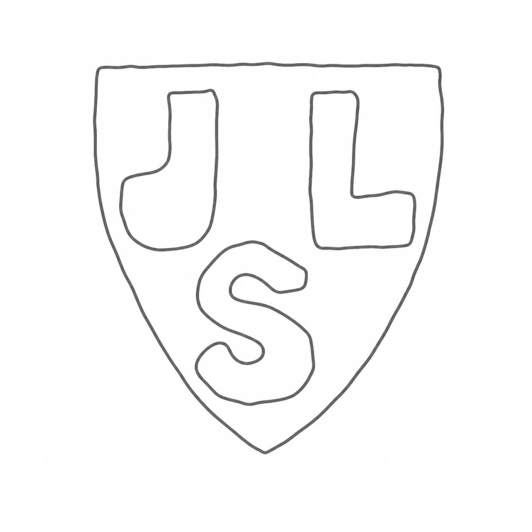 J L S: The three letters retain the source's two-over-one arrangement inside the pointed shield, with its flat top and downward point preserved. line reconstruction.