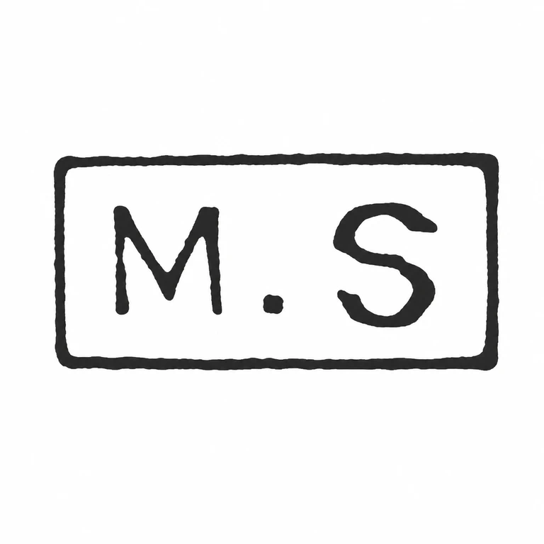 M S: The two capital glyphs, centered separating dot, and rounded rectangular border preserve their source arrangement. line reconstruction.