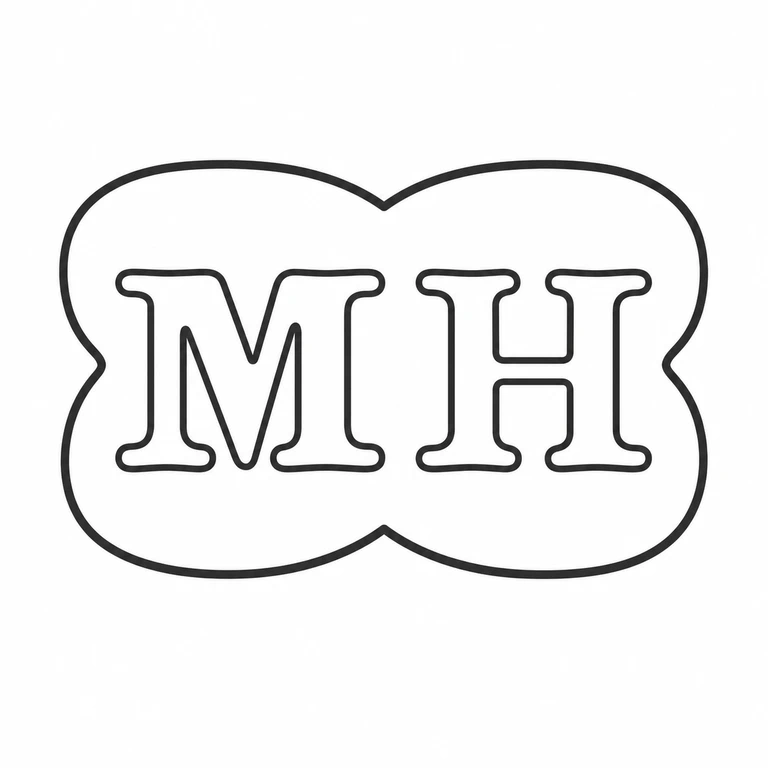 Metcalf Hopgood: Four-lobed outline and the two central initials retain the source's horizontal arrangement, symmetrical upper/lower pinches, and visible border. line reconstruction.
