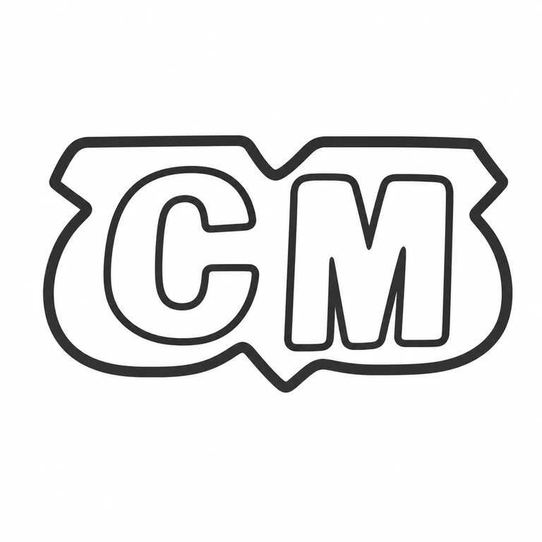 C M: The paired initials and single notched shield-like surround are retained in the source's horizontal reading direction. line reconstruction.